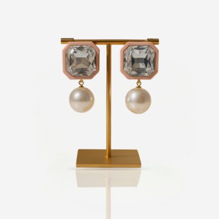 Pink Crystal Earrings with Pearl Drop