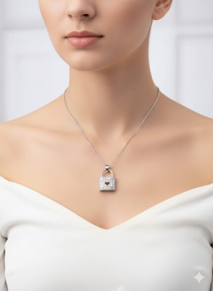Silver Chain with Pave Lock Pendant